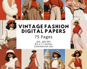 75 Vintage Fashion Digital Papers, Elegant Chic Junk Journal Pages, Retro Europe Style Scrapbook Paper, Commercial Use