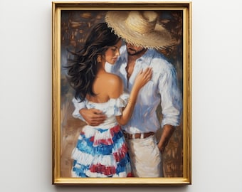 Romantic Couple Wall Art, Dominican Countryside Romance, Impressionist Love Painting, Rustic Caribbean Printable, Vintage Home Decor