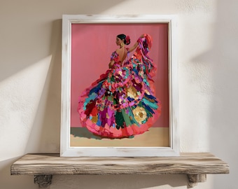 Meksykańska tancerka folklorystyczna, kolorowy obraz z motywem kwiatowym, elegancka kobieta na ścianę, żywy różowy wystrój, meksykańskie dzieło sztuki do druku