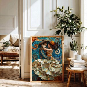 Puede incluir: Una obra de arte enmarcada representa a una pareja con vestimenta tradicional espa&ntilde;ola, abraz&aacute;ndose en un baile apasionado. La obra presenta una vibrante paleta de colores azules, naranjas y amarillos, con intrincados detalles tipo mosaico. El marco es de madera clara.