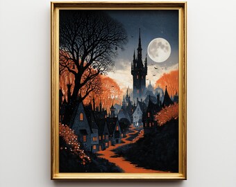 Grafika ścienna z gotyckim zamkiem na Halloween, wydruk z wioską oświetloną księżycem, upiorny wystrój w stylu cottagecore, jesienny krajobraz fantasy, cyfrowy wydruk w stylu vintage