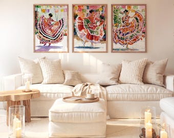 Mexican Folklorico Dancer Art Print Bundle Set of 3, Cinco de Mayo Wall Art, Colorful Traditional Dress Watercolor Prints, Digital Download