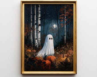 Vintage Halloweenowy nadruk z duchem, fantazyjny obraz z duchem, dekoracja ścienna z dyniowym lasem, przytulny jesienny nadruk, rustykalny wystrój w stylu cottagecore