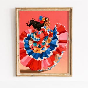 May include: A framed painting depicting a dancer in a vibrant, multi-layered dress with red, blue, and pink ruffles. The figure has dark hair adorned with colourful flowers and wears gold hoop earrings, set against a solid coral-orange background.