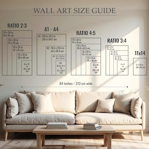 Puede incluir: Una gu&iacute;a de tama&ntilde;os de arte mural con dimensiones en pulgadas y cent&iacute;metros. La gu&iacute;a incluye las proporciones 2:3, A1-A4, 4:5, 3:4 y 11x14. El texto indica un ancho de 213 cm. Un sof&aacute; beige y una mesa de centro est&aacute;n en primer plano.