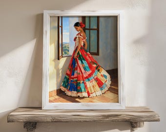 Mexican Folklorico Dancer Wall Art, Colorful Traditional Dress Painting, Mexican Woman Art Print, Hacienda Decor, Printable Cultural Art
