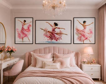 Pink Ballerina Wall Art Set of 3, Ballet Dancer Prints, Feminine Bedroom Decor, Ballet Nursery Decor, Digital Download
