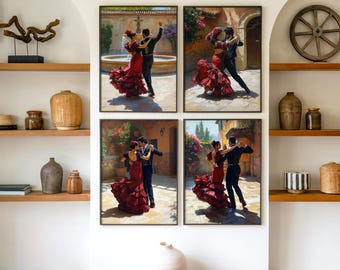 Flamenco Couple Wall Art Set of 4, Spanish Dance Printable Art Bundle, Romantic Flamenco Decor, Digital Download Prints