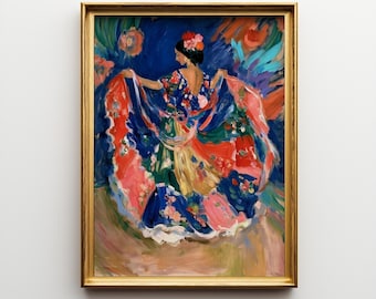 Mexican Folklorico Dancer Wall Art, Colorful Floral Dress Painting, Impressionist Mexican Woman Art, Printable Digital Download