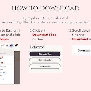 Puede incluir: Una gu&iacute;a titulada "C&Oacute;MO DESCARGAR" con instrucciones para descargar archivos de Etsy. Los pasos incluyen iniciar sesi&oacute;n en Etsy en un navegador, hacer clic en "Compras" y luego en el bot&oacute;n "Descargar archivos". Tambi&eacute;n se muestra un bot&oacute;n "Descargar".
