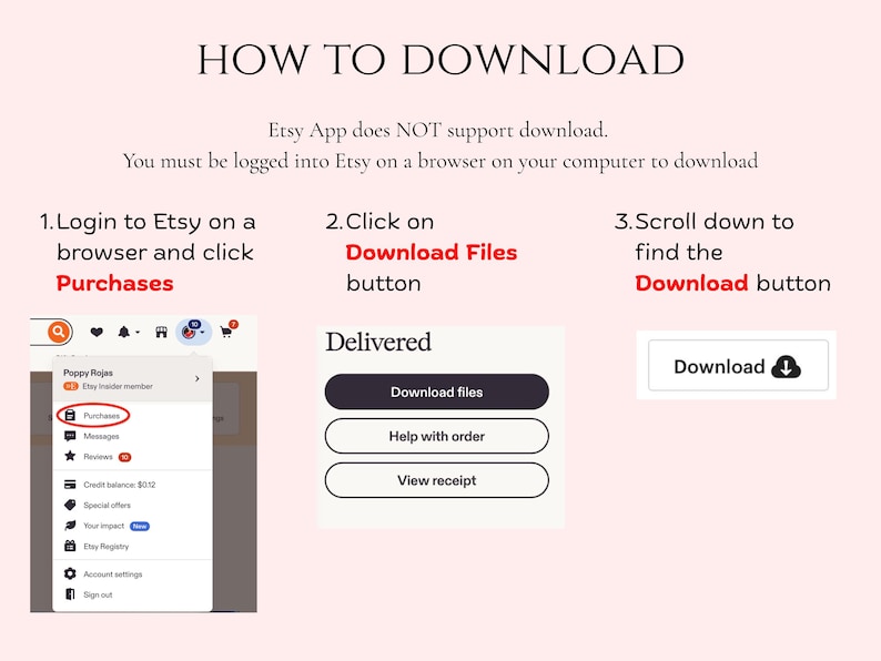 Puede incluir: Una gu&iacute;a titulada "C&Oacute;MO DESCARGAR" con instrucciones para descargar archivos de Etsy. Los pasos incluyen iniciar sesi&oacute;n en Etsy en un navegador, hacer clic en "Compras" y luego en el bot&oacute;n "Descargar archivos". Tambi&eacute;n se muestra un bot&oacute;n "Descargar".