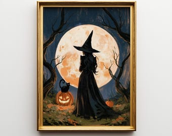 Grafika ścienna z gotyckim zamkiem na Halloween, wydruk z wioską oświetloną księżycem, upiorny wystrój w stylu cottagecore, jesienny krajobraz fantasy, cyfrowy wydruk w stylu vintage