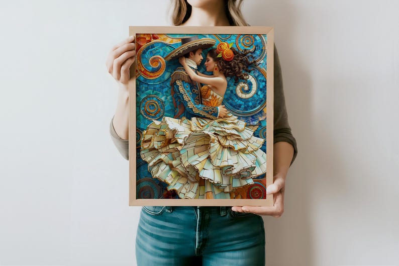 Puede incluir: Una obra de arte enmarcada que representa a una pareja con vestimenta tradicional, abraz&aacute;ndose. El hombre lleva un sombrero y una chaqueta azul, mientras que la mujer viste un vestido con volantes. El fondo presenta patrones arremolinados azules y naranjas.