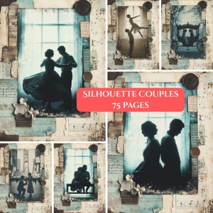 May include: A collection of 75 pages featuring silhouette couples in various romantic scenes, including dancing, sitting, and riding in a carriage, set against vintage-style backgrounds with musical notes and text overlays.