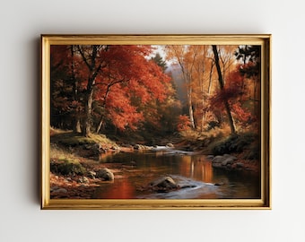 Autumn Forest River Wall Art, Fall Landscape Painting, Rustic Woodland Printable, Orange Maple Trees, Vintage Cottagecore Decor