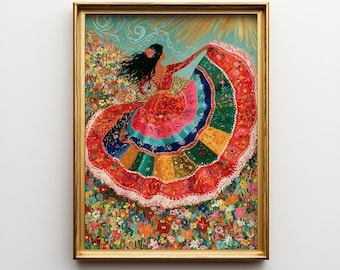 Mexican Woman Dancing Wall Art, Colorful Folklorico Skirt Painting, Wildflower Meadow Printable, Vibrant Folk Art, Digital Download