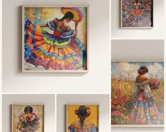 Mexican Folklorico Art Prints, Colorful Latina Woman, Fiesta Decor, Set of 5 Digital Prints