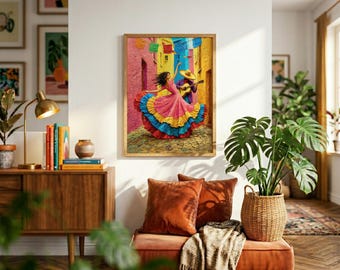 Colorful Mexican Folk Dance Wall Art, Impasto Oil Painting Print, Folklorico Dancer & Guitarist, Vibrant Mexico Decor