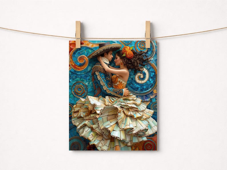 Puede incluir: Una impresi&oacute;n vibrante de una pareja bailando, sobre un fondo de mosaico de azules, naranjas y verdes. El hombre lleva un sombrero y una chaqueta tradicionales, mientras que la mujer viste un vestido con volantes. La obra de arte se muestra en un p&oacute;ster, sujeto por una pinza de madera.