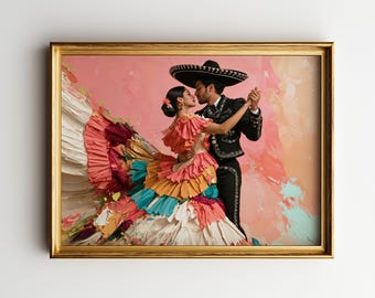Print met Mexicaanse volkskunst, romantisch Charro-paar dat danst, kleurrijke folkloristische kleding, Mexicaanse cultuur muurdecoratie, printbare kunst