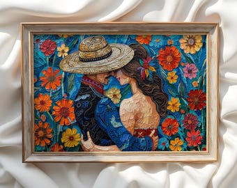 Romantic Cinco de Mayo Mosaic Couple – Colorful Mexican Fiesta Digital Wall Art Print
