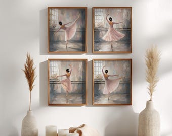 Ballerina Wall Art Set of 4 Digital Prints, Pink Ballet Dancer Paintings, Ballet Studio Decor, Girls Room Nursery Art, Printable Art
