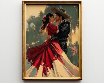 Mexican Couple Wall Art, Romantic Charro Painting, Traditional Folklorico Dress, Printable Hispanic Love Art, Colorful Mexican Decor