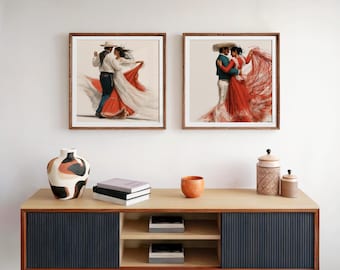 Mexican Folklorico Couple Digital Art Print Bundle, Romantic Dance Wall Art Set of 2, Colorful Hispanic Cultural Decor, Instant Download