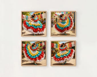 Mexican Folklorico Dance Wall Art Bundle, 4 Square Digital Prints, Cinco de Mayo Decor, Colorful Fiesta Artwork, Instant Download