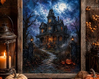 Nawiedzony dom – dekoracja ścienna na Halloween, straszny wiktoriański dwór, gotycki wystrój na Halloween, księżycowy nawiedzony dom – do pobrania w wersji cyfrowej