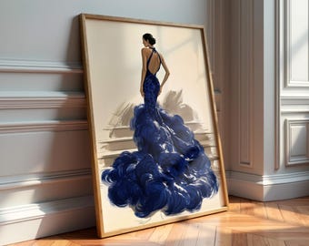 Navy Blue Evening Gown Digital Art Print, Vintage Fashion Illustration, Elegant Woman Wall Art, Glamorous Dressing Room Decor