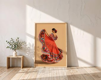 Mexican Folklorico Dancer Wall Art, Colorful Mexican Woman Digital Print, Traditional Folk Dance Decor, Hispanic Cultural Art