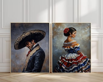 Mexican Charro & Folklorico Dress Wall Art Set of 2, Traditional Mexican Couple Decor, Printable Digital Download
