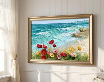 Grafika ścienna z motywem dzikich kwiatów na plaży, obraz z falami oceanu, wystrój domku nad morzem, grafika z domu na plaży, pobieranie cyfrowe
