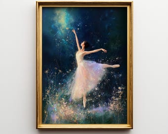Ballerina Wall Art, Enchanted Garden Ballet Painting, Celestial Dance Printable, Dreamy Floral Decor, Magical Stardust Fantasy Art Print