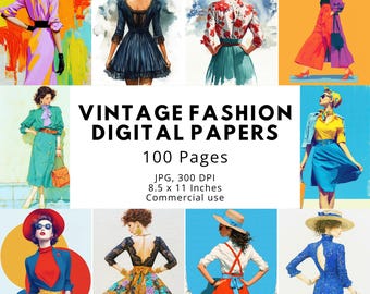 Vintage Fashion Illustrations Digital Papers Bundle (100 Pages), Junk Journal Scrapbook Crafting (Digital Download)