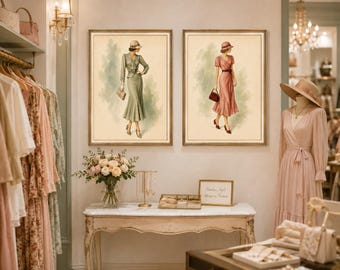1930s Fashion Art Print Set of 2, Vintage Fashion Illustration Bundle, Art Deco Woman Wall Art, Retro Feminine Decor, Digital Download