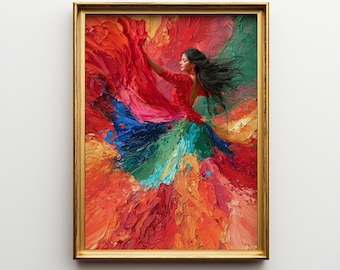 Meksykański taniec folklorystyczny, kolorowa, wirująca kobieta, żywa sztuka impasto, wydruk dziedzictwa kulturowego, pobieranie cyfrowe