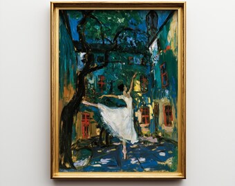 Sztuka ścienna „Moody Ballerina”, impresjonistyczny obraz olejny w stylu vintage, krajobraz europejskiego dziedzińca, elegancka tancerka baletowa, grafika do pobrania