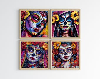 Day of the Dead Wall Art Bundle, Set of 4 Sugar Skull Woman Prints, Colorful Día de los Muertos Decor, Mexican Digital Download