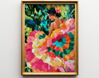 Portret Meksykanki, Kolorowy obraz impresjonistyczny, Żywa tancerka folklorystyczna, Tropikalna kwiatowa sztuka ścienna, Wydrukowane dekoracje kulturowe