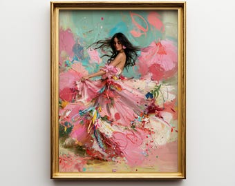 Pink Dress Woman Wall Art, Colorful Abstract Painting, Feminine Printable Art, Romantic Floral Portrait, Modern Impressionist Decor