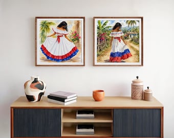 Dominican Republic Watercolor Print Set, Traditional Dominican Dress Wall Art Bundle, Caribbean Folk Art, Digital Download
