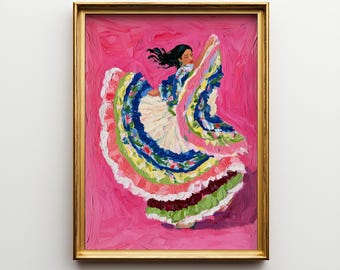 Meksykańska tancerka folklorystyczna, obraz olejny w żywym różowym kolorze, kolorowe tradycyjne stroje, meksykańska sztuka ludowa do druku, wystrój Fiesta