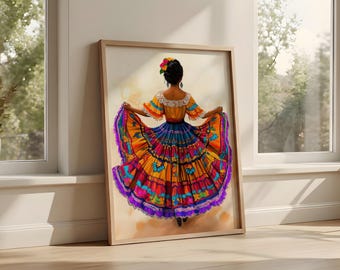 Colorful Mexican Folklorico Dancer Printable Wall Art, Vibrant Traditional Dress Digital Download, Fiesta-Inspired Hispanic Cultural Artwork