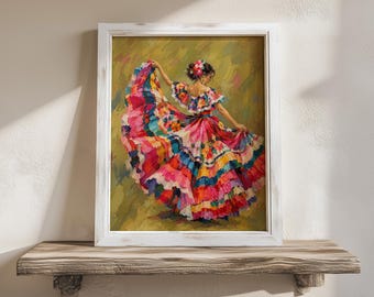 Sztuka ścienna z tancerką folklorystyczną, obraz olejny z meksykańską kobietą, kolorowa sukienka kwiatowa, tradycyjny wystrój fiesty, wydruk artystyczny