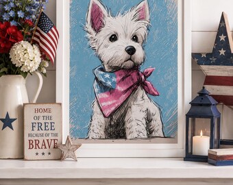Patriotyczny wydruk ścienny z psem rasy Westie, dekoracja z bandaną w amerykańską flagę, grafika do druku z okazji 4 lipca, czerwono-biało-niebieski prezent dla miłośnika zwierząt