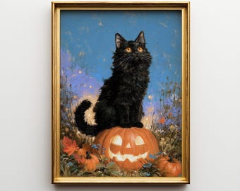Drukowana grafika ścienna z motywem czarnego kota na Halloween, świecący obraz z dynią, fantazyjny jesienny ogród, przytulne dekoracje jesienne, sztuka w stylu vintage na Halloween