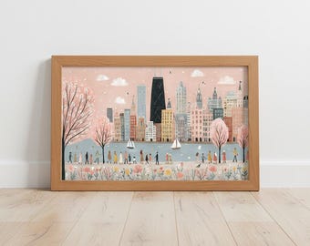 Whimsical Chicago Skyline Art Print, Pastel Cityscape Wall Decor, Spring Lakefront Illustration Digital Download