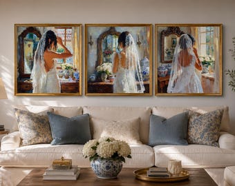Bridal Art Print Bundle, Romantic Wedding Wall Art Set of 3, Elegant Bride Getting Ready Paintings, Neutral Bedroom Decor, Digital Download